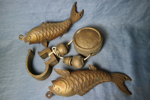 銅造　自在鉤　魚　２点など　検古道具古民具古民家囲炉裏珍品希少骨董オブジェ時代