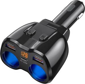 ブラック シガーソケット 増設 Otium シガーソケット 2連 PD20W 快速充電 カーチャージャー USB デュアルQC3.0ポート 高速車の充電器 180W