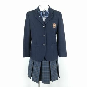 1円 ブレザー チェックスカート リボン 上下4点セット S 冬物 女子 学生服 京都大谷中学高校 紺 制服 中古 ランクB NA1508