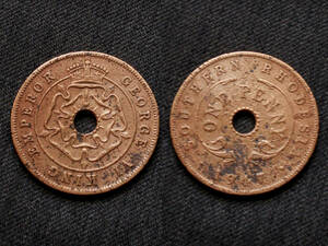 【南アフリカ】 1 ペニー 1947年 南ローデシア ジョージ6世　チューダーローズ　クラウン 銅貨　Penny