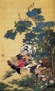 【フルサイズ版】伊藤若冲 紫陽花双鶏図 じゃくちゅう 生誕300年 絵画風 壁紙ポスター 特大 576×941mm はがせるシール式 001S1