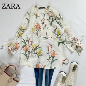 ZARA 大人素敵　華やか水彩画風　花柄プリント　お袖リボン付き　スキッパープルオーバーシャツ ブラウス　サイズM ザラ♪