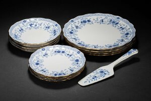 【善古堂】某有名オークション買入 時代物 NARUMI 高級磁器 染付き花卉紋食器 15点セット 骨董品 古美術0425-8S02　　