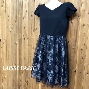 LAISSE PASSE＊レッセパッセ /レディース38 ネイビー ドッキングワンピース 花柄スカート チュール 膝丈 フォーマル 入園入学 冠婚葬祭