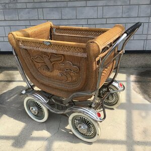 2972 【貴重】 アンティーク 昭和レトロ 籐製 乳母車 BABYゆめじ号 スプリング台車 タイヤのロック機能付