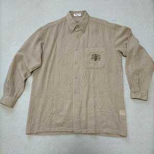 VAZIIE SPORT バジエ ボタンダウン長袖シャツ ウールシャツ メンズ46（M）ベージュ系 シワ加工 刺繍 ウール100% 日本製 良品 送料無料
