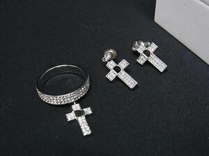 1円 ■美品■ ChristianDior クリスチャンディオール ラインストーン クロス ピアス リング アクセサリー 2点セット シルバー系 AW7989