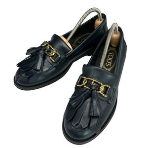 良品 TOD’S ローファー 革靴 タッセル フリンジ レザー 黒 36表記