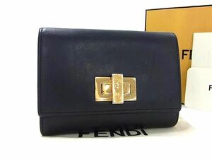 1円 FENDI フェンディ レザー ターンロック 二つ折り 財布 ウォレット 札入れ 小銭入れ レディース ブラック系 AY2521