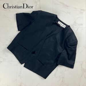 美品 Christian Dior クリスチャンディオール リネン100% レトロデザインノーカラーショートジャケット 半袖 レディース 黒 サイズS*NC923