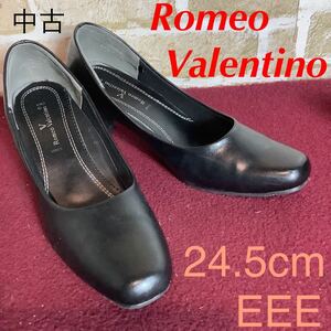 【売り切り!送料無料!】A-206 Romeo Valentino!パンプス!24.5cm EEE!黒!ブラック!冠婚葬祭!仕事！ビジネス!通勤通学!中古!