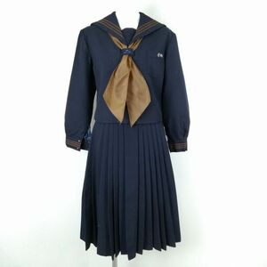 1円 セーラー服 スカート スカーフ 上下3点セット 冬物 茶3本線 女子 学生服 群馬関東学園大学附属高校 紺 制服 中古 ランクC EY7898