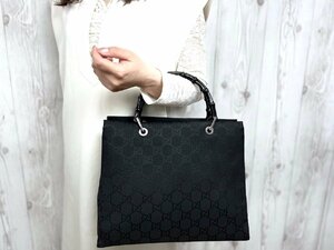 極美品 GUCCI グッチ GG柄 バンブー ハンドバッグ トートバッグ バッグ ナイロン 黒 A4収納可 70744