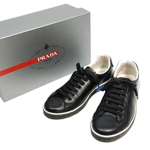 BA699 PRADA プラダ 4E3314 レザー ローカット ロゴ スニーカー UK8 ブラック ブルー シューズ 箱付き◎６ ●80