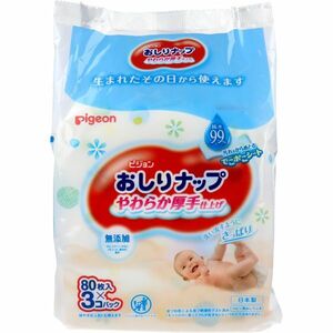 ベビー用ウェットティッシュ ピジョン おしりナップ やわらか厚手仕上げ 純水99％ 80枚入り 3個Ｘ12パック