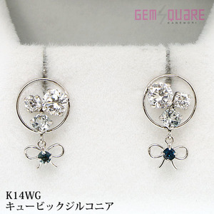 【値下げ交渉可】K14WG キュービックジルコニア ピアス サークル リボン 透明石 1.2g 美品【質屋出店】