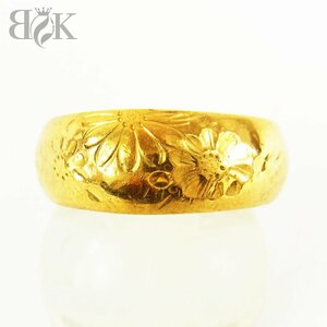 K24 純金 彫刻リング 現状：約10号(調整可) 縦幅:約7.4mm 約9.3g 指輪 ゴールド■