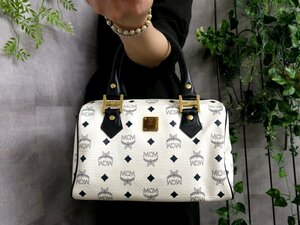 ●超美品●MCM エムシーエム●ヴィセトス●カーフ レザー 本革●ハンド バッグ●白 ダークネイビー●ゴールド金具●腕掛け●収納●Js45743