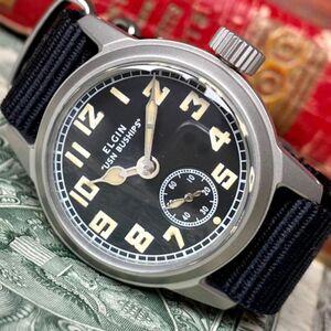 【美品】★送料無料★ エルジン ELGIN メンズ腕時計 ブラック ミリタリー 手巻き ヴィンテージ アンティーク