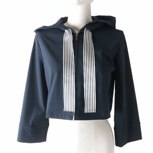 美品★正規品 フォクシーニューヨーク 42156 21年 Marine Hoodie マリンフーディ 長袖 ショート丈 ZIPジャケット レディース 紺 38 日本製