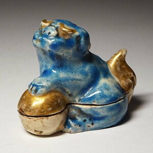 慶應◆江戸時代 京焼 色絵金彩獅子香合 時代箱 茶道具