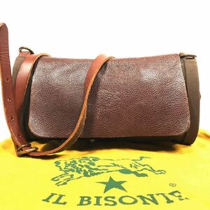 【イルビゾンテ】本物 IL BISONTE ショルダーバッグ 斜め掛け ポシェット 茶 レザー×キャンバス メンズ レディース イタリア製 保存袋付き