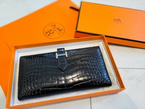 極美品　正規　本物　HERMES エルメス ベアンスフレ 黒　アリゲーター　艶有り　A刻印 クロコ 長財布 ベアン 財布