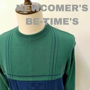 【500円スタート】NEWCOMERS BE-TIMES ニット グリーン 古着 vintage ヴィンテージ 90s 80s 昭和レトロ アウター ユニセックス NEWCOMER’S