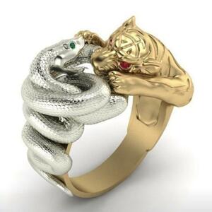 蛇と虎 タイガー スネーク バトル アニマル 大迫力 リング 指輪 18号 メンズ かっこいい いかつい 動物 ゴールド×シルバー 金 銀 デザイン