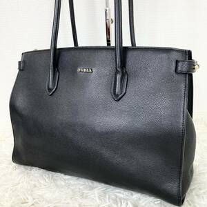 1円【美品】フルラ FURLA トートバッグ ビジネスバッグ ハンドバッグ メンズ A4◎ PC◎ 肩掛け◎ 3室 シボ レザー 本革 黒 大容量 金具