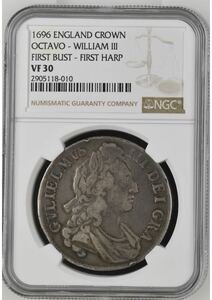 英国　1696年　イギリス　ウィリアム3世　VF30 NGC 銀貨　クラウン　アンティークコイン
