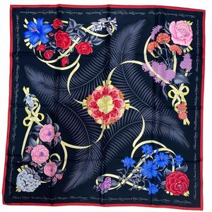 1円 極美品 エルメス カレ90 大判 スカーフ シルク HERMES オペラの花 Fleurs de L Opera ブラック 黒