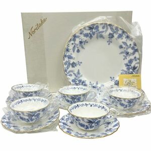 【イチオク】ノリタケ NORITAKE ボーンチャイナ ブルーソレンティーノ カップ＆ソーサー 5客 プレート セット 4562 未使用 箱付き 金彩