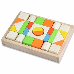 CJM424★積み木 木製 ブロック モンテッソーリ 木のおもちゃ 天然 カラフル 組立 立体パズル 建物構造 　知育玩具　色認識　28 PCS 