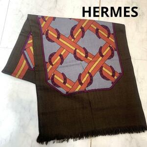 ☆超美品☆HERMES シルクカシミヤ ストール 馬蹄柄 カーキ マルチカラー