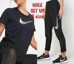 S 新品 NIKE ナイキ ウィメンズ DRI-FIT ランニングトップ Tシャツ ウーブンパンツ ランパン スウッシュ 上下 セットアップ　黒