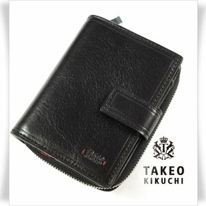 新品1円～★TAKEO KIKUCHI タケオキクチ 箱付き キーケース付き 牛革レザー二つ折り財布 ウォレット ブラック 黒 札入れ 本革 ◆9984◆