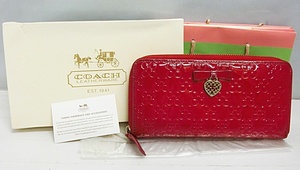 COACH コーチ ラウンドファスナー長財布 46896 B4/MJ HMP SIG SK BK WALLET エナメルレザー 赤/レッド ハート金具