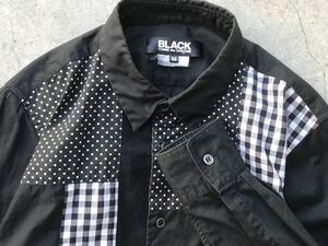 AD2012 BLACK COMME des GARCONS パッチワークシャツ M コムデギャルソン メンズ 長袖 ドット ギンガムチェック 黒 ブラック