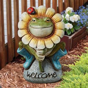 ひまわりとカエル　ウェルカム歓迎オブジェ屋外インテリア置物ガーデンアクセントオーナメント庭飾りエクステリアアウトドア小物装飾雑貨蛙