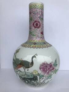 中国景徳鎮製　天球瓶　粉彩 花鳥　漢詩文 花瓶 高さ約28.３cm 中国 花鳥図 時代物 色絵花鳥紋