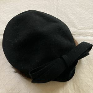 USA ビンテージ ベレー帽 黒 リボン リアルファー 付き ウール100% 送料無料 ベルヴェデーレ レグ ヘンリー・ポラキー アメリカ製 古着