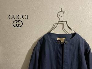 ◯ イタリア製 Vintage GUCCI ノーカラー リネン ジャケット / グッチ ガウン ラウンドネック シャツ OLD ブルー 青 40 Ladies #Sirchive