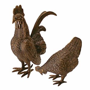 納屋の前庭に居る、雄鶏と雌鶏 ニワトリ2羽セット 鋳造ブロンズ製 ガーデン庭園彫像 アート工芸 パティオ 芝生 贈り物 輸入品
