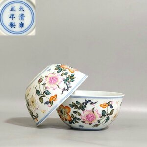 ■観心・時代旧蔵■C3923清時代 雍正年製 粉彩什錦花卉杯一対・時代物・古陶磁・古賞物・旧家買出品