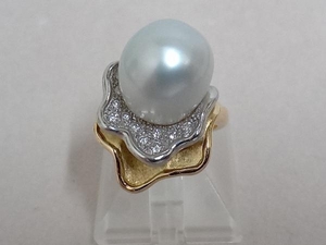 K18／パール／真珠／ダイヤモンド0.16ct／デザインリング／指輪／12号／14.7ｇ 店舗受取可