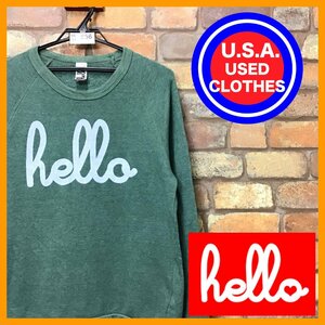 ME11-856★USA買付商品★【HELLOAPPAREL ハローアパレル】プリントロゴ スウェットシャツ【M】グリーン USA古着 アメカジ ライトオンス