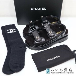 質屋 未使用 シャネル CHANEL サンダル ボア G45291 ソックス付き ココマーク ラインストーン 38 サイズ ブラック 黒 23k791-5 みいち質店