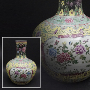 中国美術 中国古玩 特大粉彩天球瓶 黄地色絵花図紋 希少 逸品 花生 花瓶 飾壷 唐物 陶器 工芸 陶芸 陶器 古美術品 高さ51cm 重量12kg