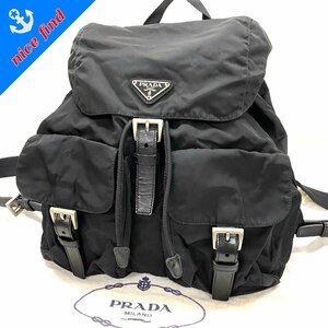 ◆プラダ PRADA◆テスートナイロン 巾着型 リュックサック バックパック ブラック 黒 ナイロン レザー レディース 三角ロゴ 保存袋付き